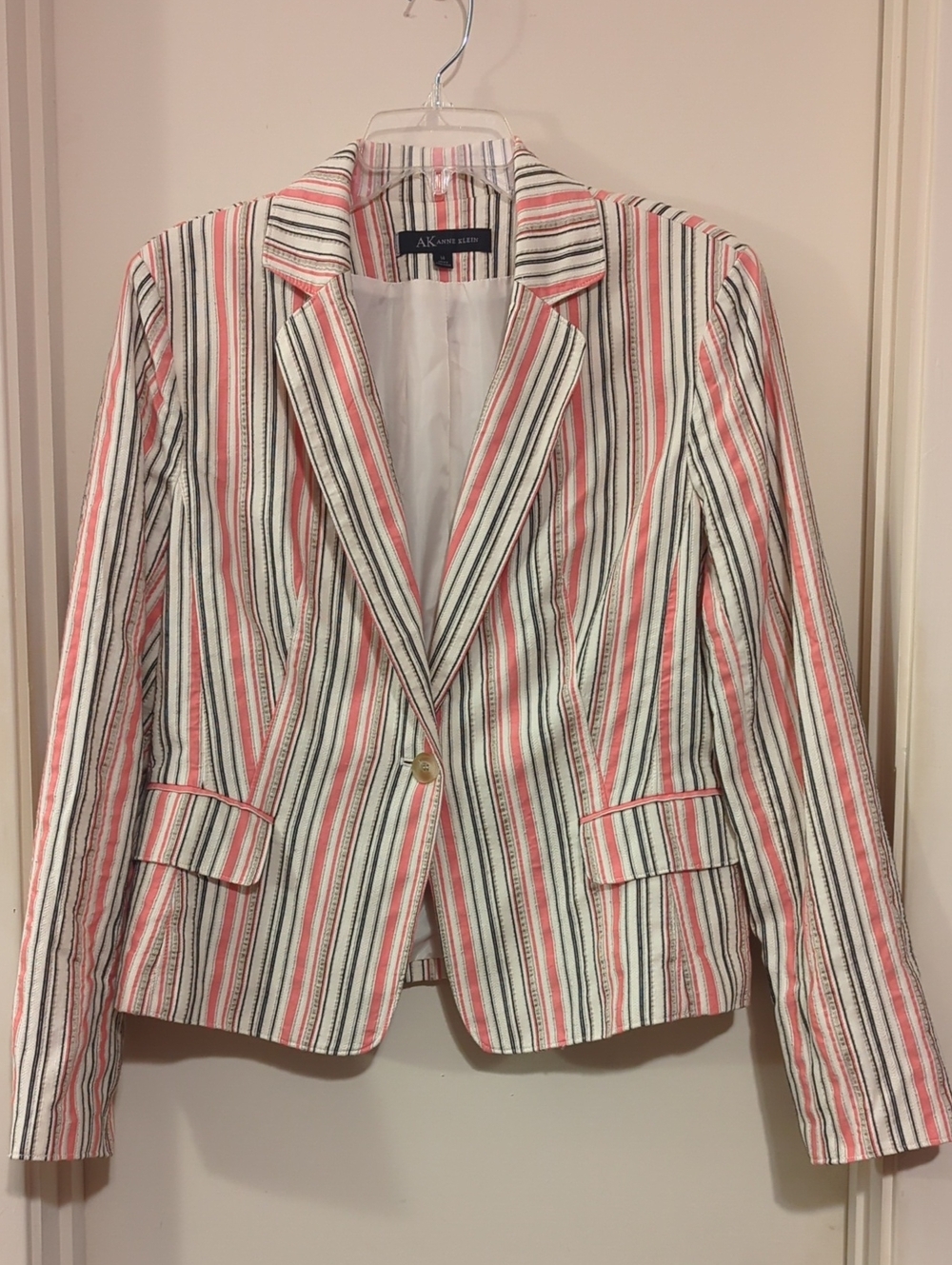 AK Anne Klein Striped Single-Button Blazer Jacket Coral Black Cream
